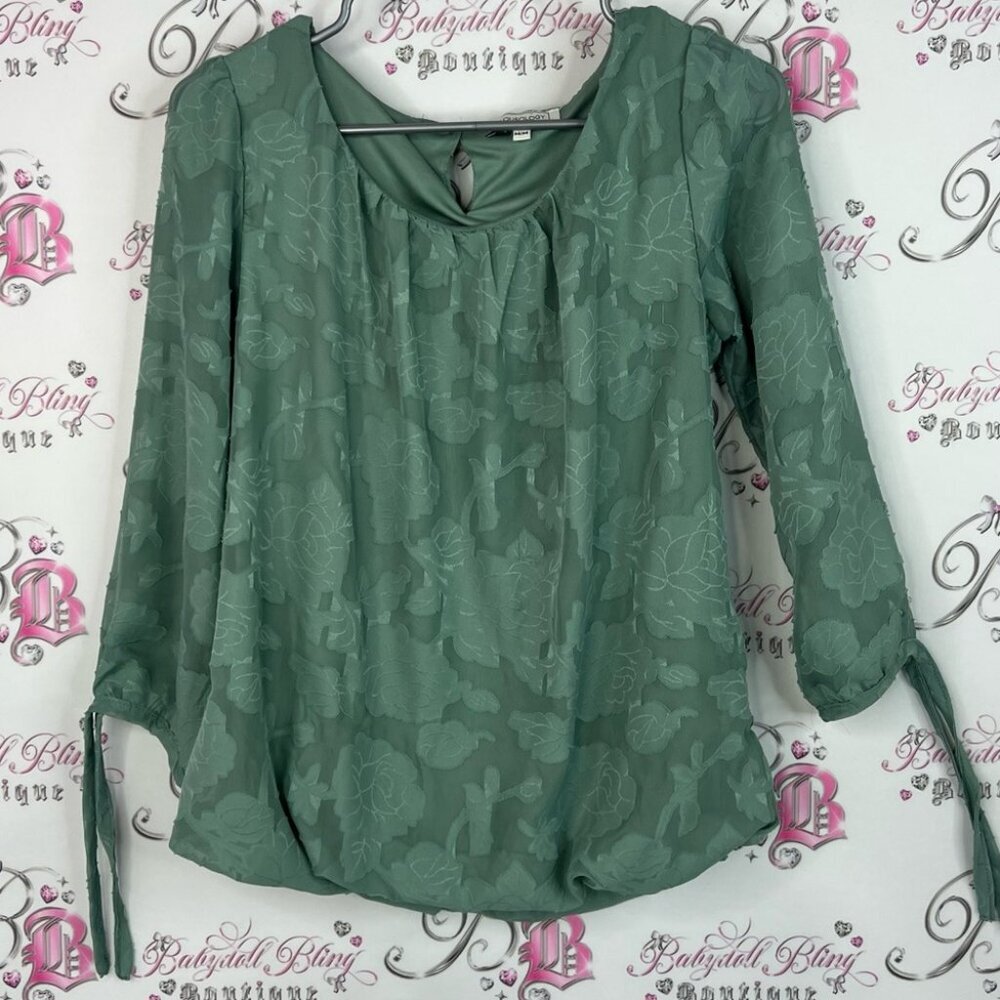 Blousology long sleeve 3D print floral ribbon ties Green Floral Women's Top